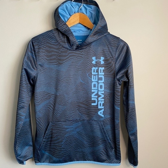 Under Armour Youth Black/Blue Wave Line Design Athletic Pullover Hoodie Size YXL - Picture 1 of 13